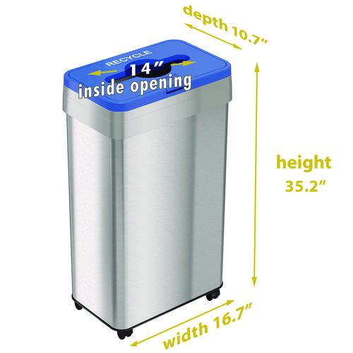 Picture of Open Top Recycling Bin with Wheels and Color-Coded Lid, 21 gal, Plastic/Stainless Steel, Silver/Blue