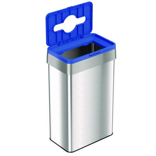 Picture of Open Top Recycle Bin with Color-Coded Lid, 21 gal, Plastic/Stainless Steel, Silver/Blue