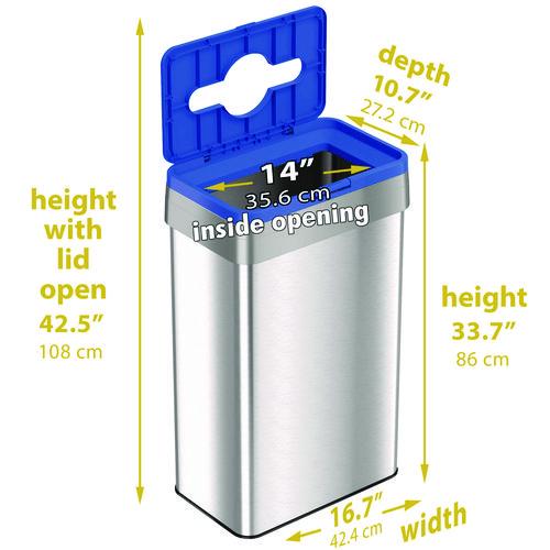 Picture of Open Top Recycle Bin with Color-Coded Lid, 21 gal, Plastic/Stainless Steel, Silver/Blue