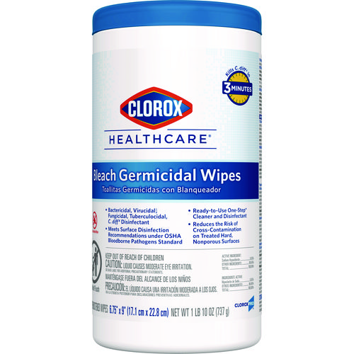 Picture of Bleach Germicidal Wipes, 1-Ply, 6.75 x 9, Unscented, White, 70/Canister, 6 Canisters/Carton