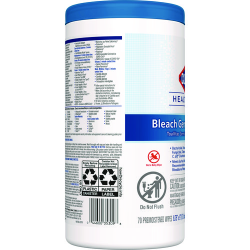 Picture of Bleach Germicidal Wipes, 1-Ply, 6.75 x 9, Unscented, White, 70/Canister, 6 Canisters/Carton