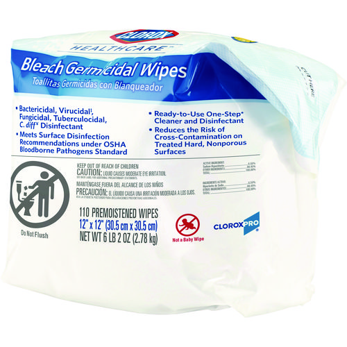 Picture of Bleach Germicidal Wipes, 1-Ply, 12 x 12, Unscented, White, 110/Refill, 2 Refills/Carton