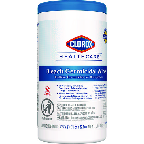 Picture of Bleach Germicidal Wipes, 1-Ply, 6.75 x 9, Unscented, White, 70/Canister, 6 Canisters/Carton