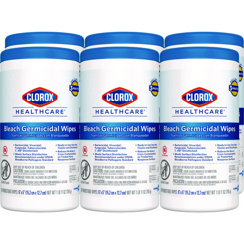 Bleach+Germicidal+Wipes%2C+1-Ply%2C+6+x+5%2C+Unscented%2C+White%2C+150%2FCanister%2C+6+Canisters%2FCarton