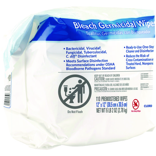 Picture of Bleach Germicidal Wipes, 1-Ply, 12 x 12, Unscented, White, 110/Refill, 2 Refills/Carton