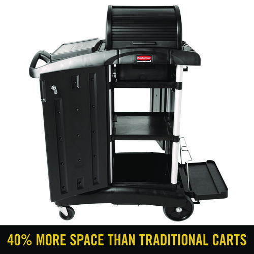 Picture of Executive High Security Janitorial Cleaning Cart, Plastic, 4 Shelves, 1 Bin, 23.1" x 39.6" x 27.5", Black