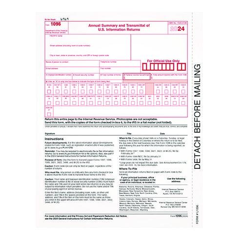 Picture of 1-Part 1096 Tax Forms, Fiscal Year: 2024, One-Part (No Copies), 8 x 11, 10 Forms Total