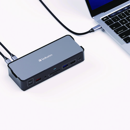 Picture of USB-C Pro Docking Station 15-in-1, Audio/DisplayPort/HDMI/Micro SD/RJ45/SD/USB-A/USB-C, Gray