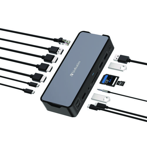 Picture of USB-C Pro Docking Station 15-in-1, Audio/DisplayPort/HDMI/Micro SD/RJ45/SD/USB-A/USB-C, Gray