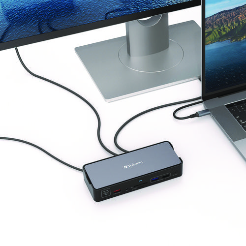 Picture of USB-C Pro Docking Station 15-in-1, Audio/DisplayPort/HDMI/Micro SD/RJ45/SD/USB-A/USB-C, Gray