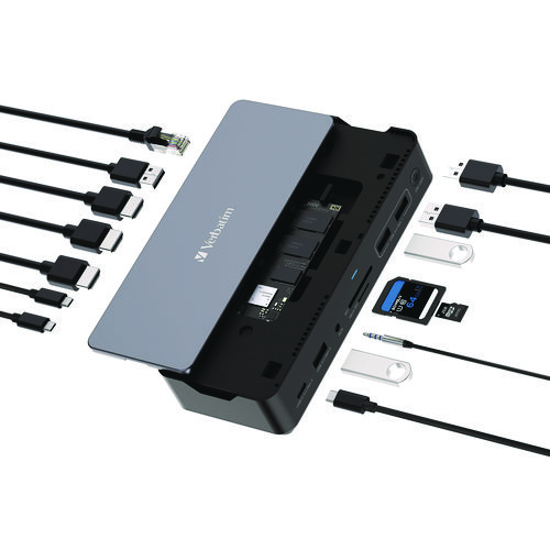 Picture of USB-C Pro Docking Station 15-in-1 SSD Enclosure, Audio/DisplayPort/HDMI/Micro SD/NVMe/RJ45/SD/USB-A/USB-C/SATA, Gray