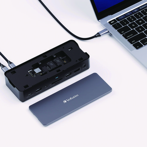 Picture of USB-C Pro Docking Station 15-in-1 256GB Vi3000 SSD, Audio/DisplayPort/HDMI/Micro SD/RJ45/SD/USB-A/USB-C, Gray