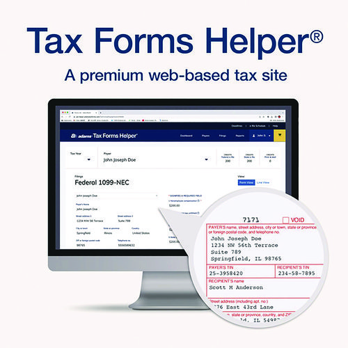 Picture of 4-Part 1099-NEC Tax Forms with Tax Forms Helper, Fiscal Year: 2024, Carbonless, 8.5 x 3.5, 3 Forms/Sheet, 50 Forms Total