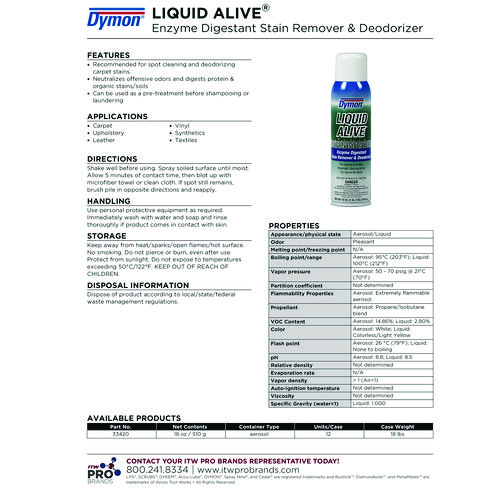 Picture of LIQUID ALIVE Carpet Cleaner/Deodorizer, 20 oz Aerosol Spray, 12/Carton