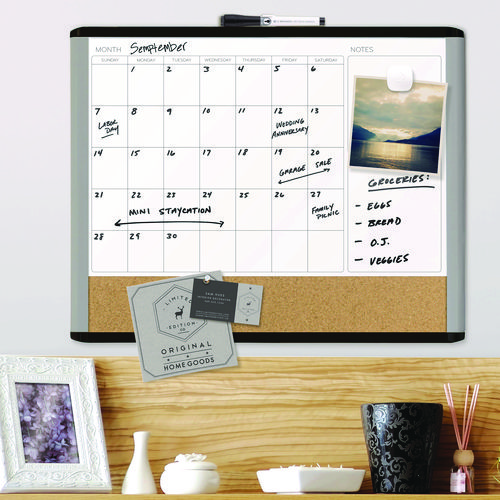 Picture of 3N1 Magnetic Mod Dry Erase Board, Monthly Planning/Scheduling Calendar, 20" x 16", White Surface, Gray/Black Plastic Frame