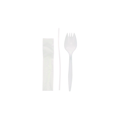 Picture of Fieldware Cutlery Kit, 5.5" Spork, 10 x 8 Napkin, Standard Straw, Mediumweight, White, 1,000/Carton