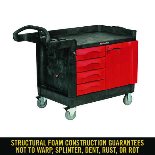 Picture of TradeMaster Cart with One Door, Plastic, 3 Shelves, 4 Drawers, 750 lb Capacity, 26.25" x 49" x 38", Black