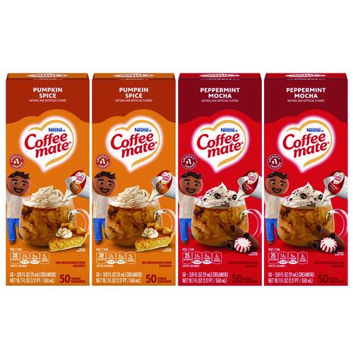 Picture of Liquid Coffee Creamer, Peppermint Mocha/Pumpkin Spice, 0.38 oz Mini Cups, 50/Pack, 4 Packs/Carton