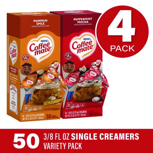 Picture of Liquid Coffee Creamer, Peppermint Mocha/Pumpkin Spice, 0.38 oz Mini Cups, 50/Pack, 4 Packs/Carton