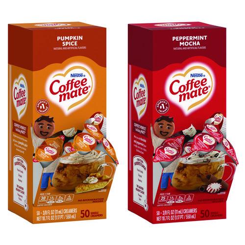 Picture of Liquid Coffee Creamer, Peppermint Mocha/Pumpkin Spice, 0.38 oz Mini Cups, 50/Pack, 4 Packs/Carton