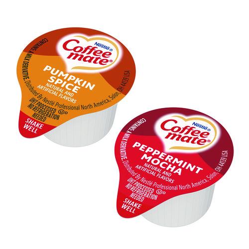Picture of Liquid Coffee Creamer, Peppermint Mocha/Pumpkin Spice, 0.38 oz Mini Cups, 50/Pack, 4 Packs/Carton