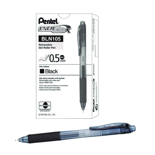 EnerGel-X+Gel+Pen%2C+Retractable%2C+Fine+0.5+mm+Needle+Tip%2C+Black+Ink%2C+Clear%2FBlack+Barrel%2C+24%2FPack