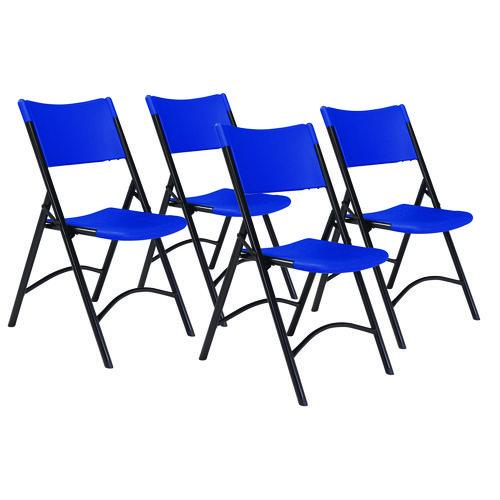 Picture of 600 Series Heavy Duty Plastic Folding Chair, Supports Up to 500 lb, 18" Seat Height, Blue Seat/Back, Black Base, 4/Pack