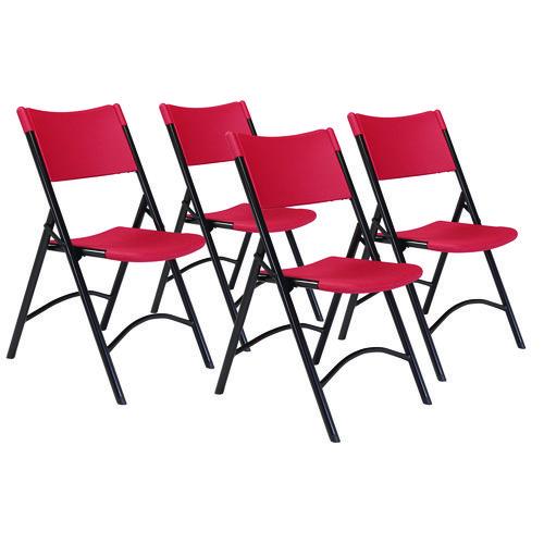 Picture of 600 Series Heavy Duty Plastic Folding Chair, Supports Up to 500 lb, 18" Seat Height, Red Seat/Back, Black Base, 4/Pack