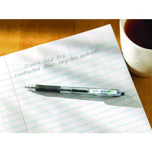 Picture of ECO Jimnie Clip Ballpoint Pen, Retractable, Medium 1 mm, Black Ink, Clear/Black Barrel, 12/Pack