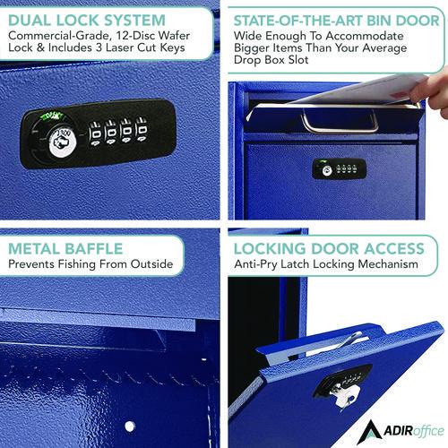 Picture of Large Secure Drop Box Wall Mounted Locking Mail Box with Key and Combination lock, 11.2 x 4.7 x 16.2, Blue
