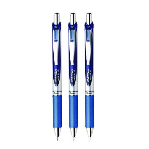 Picture of EnerGel RTX Gel Pen, Retractable, Medium 0.7 mm, Blue Ink, Blue/Silver Barrel, 3/Pack
