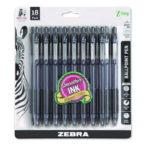 Picture of Z-Grip Ballpoint Pen, Retractable, Medium 1 mm, Black Ink, Clear/Black Barrel, 18/Pack