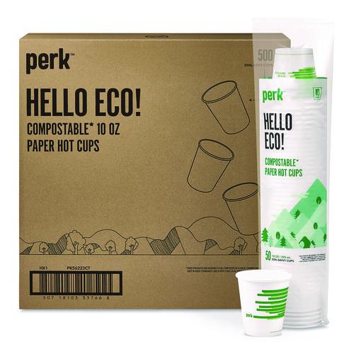 Picture of Eco-ID Compostable Paper Hot Cups, 10 oz, White/Green, 500/Carton