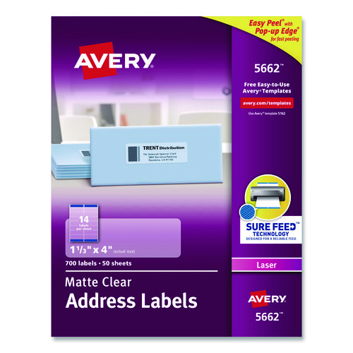 Matte+Clear+Easy+Peel+Mailing+Labels+W%2F+Sure+Feed+Technology%2C+Laser+Printers%2C+1.33+X+4%2C+Clear%2C+14%2Fsheet%2C+50+Sheets%2Fbox