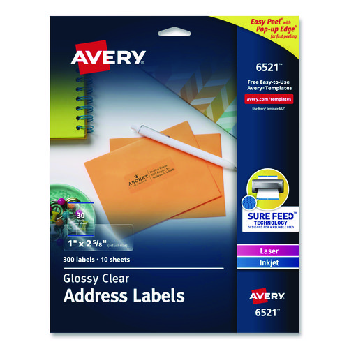 Glossy+Clear+Easy+Peel+Mailing+Labels+W%2F+Sure+Feed+Technology%2C+Inkjet%2Flaser+Printers%2C+1+X+2.63%2C+30%2Fsheet%2C+10+Sheets%2Fpack