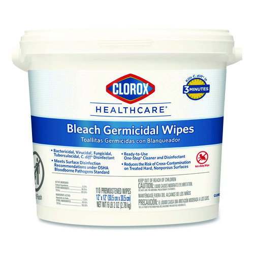 Bleach+Germicidal+Wipes%2C+1-Ply%2C+12+x+12%2C+Unscented%2C+White%2C+110%2FBucket