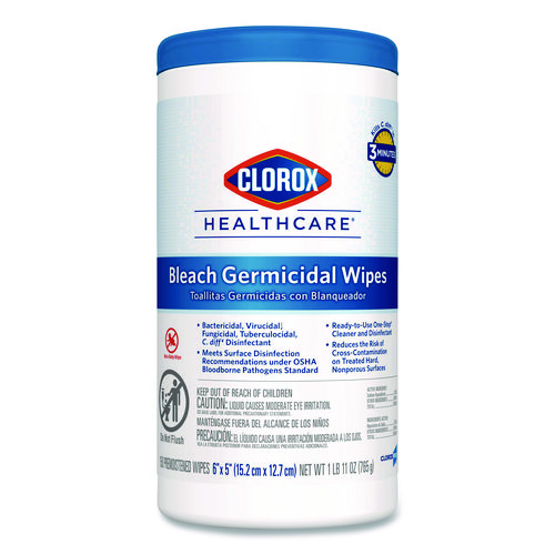 Bleach+Germicidal+Wipes%2C+1-Ply%2C+6+x+5%2C+Unscented%2C+White%2C+150%2FCanister