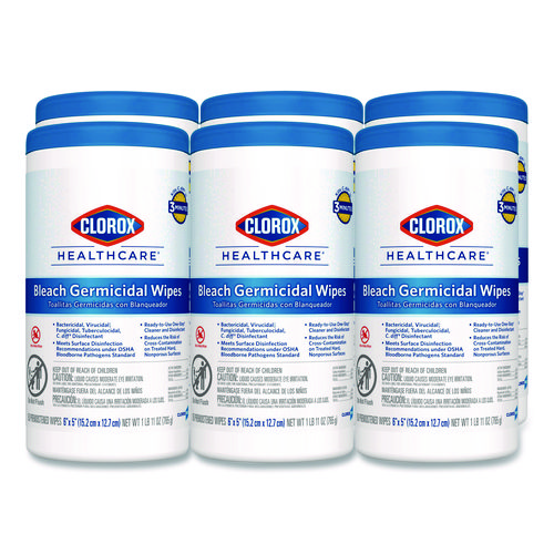 Bleach+Germicidal+Wipes%2C+1-Ply%2C+6+x+5%2C+Unscented%2C+White%2C+150%2FCanister%2C+6+Canisters%2FCarton