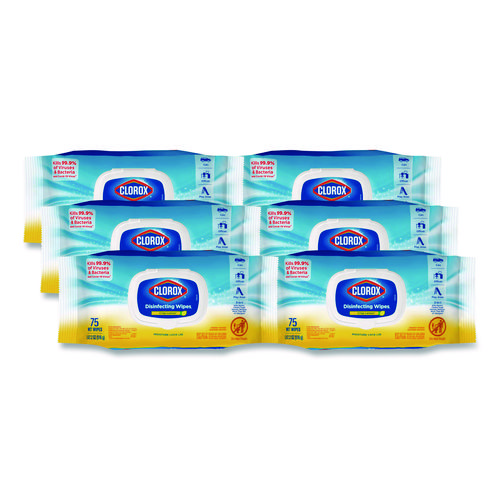 Disinfecting+Wipes%2C+Easy+Pull+Pack%2C+1-Ply%2C+8+x+7%2C+Lemon+Scent%2C+White%2C+75+Towels%2FBox%2C+6+Boxes%2FCarton