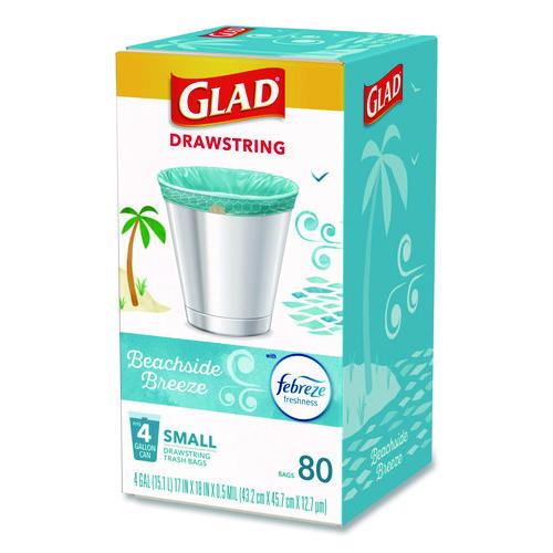 Picture of OdorShield Small Drawstring Trash Bags, 4 gal, Beachside Breeze Scent, 0.5 mil, 18" x 17", Blue, 80/Box