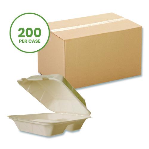Picture of Nourish Molded Fiber Takeout Containers, Compostable, 3 Compartments, 7.9 x 7.9 x 2.9, White, Sugarcane, 200/Carton