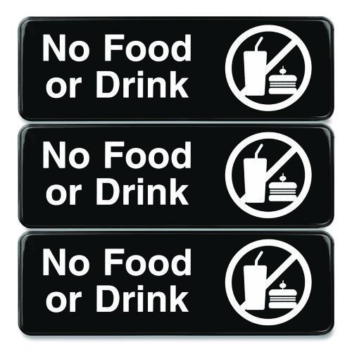Picture of No Food or Drink Wall Sign, 9" x 3", Black Face, White Graphics, 3/Pack