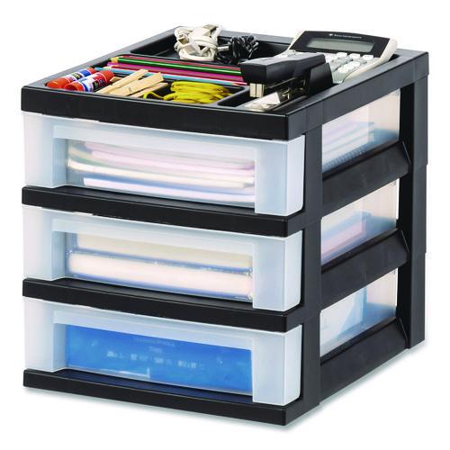 Picture of 3-Drawer Desktop Storage with Top Organizer Tray, Plastic, 12.17 x 14.33 x 12.93, Black/Translucent