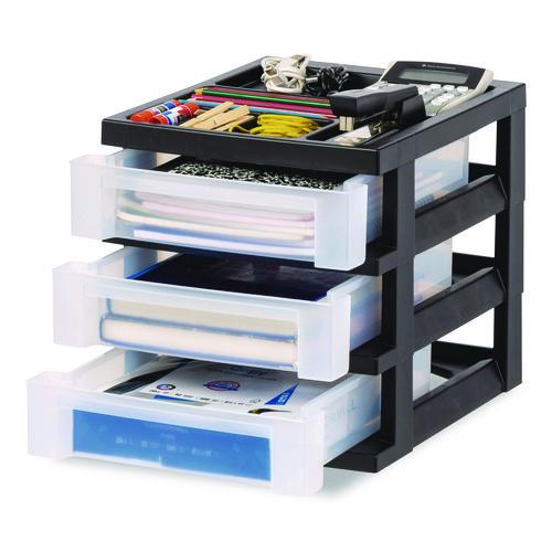 Picture of 3-Drawer Desktop Storage with Top Organizer Tray, Plastic, 12.17 x 14.33 x 12.93, Black/Translucent