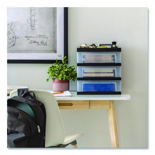Picture of 3-Drawer Desktop Storage with Top Organizer Tray, Plastic, 12.17 x 14.33 x 12.93, Black/Translucent