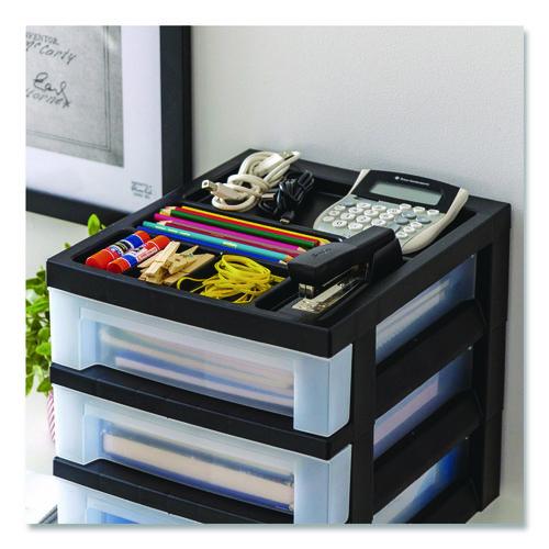 Picture of 3-Drawer Desktop Storage with Top Organizer Tray, Plastic, 12.17 x 14.33 x 12.93, Black/Translucent