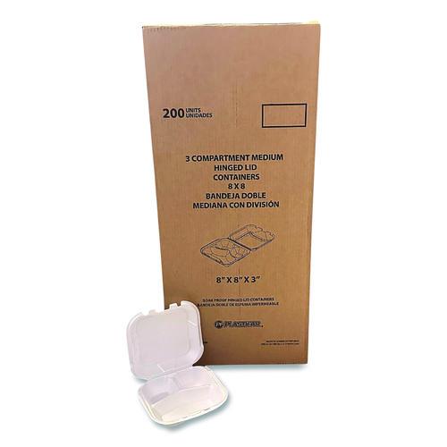 Picture of Foam Hinged Lid Containers, 3-Compartment, 8.56 x 8 x 2.76, White, Foam, 200/Carton