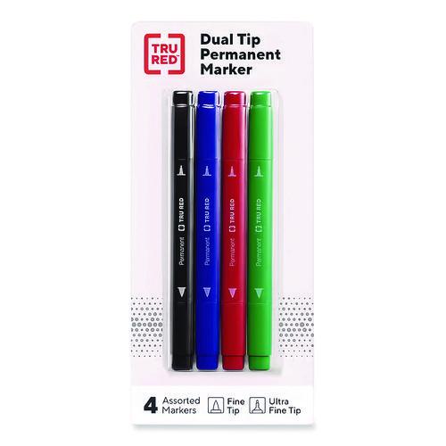 Picture of Permanent Marker, Pen-Style Twin-Tip, Extra-Fine/Fine Bullet/Needle Tips, Assorted Colors, 4/Pack