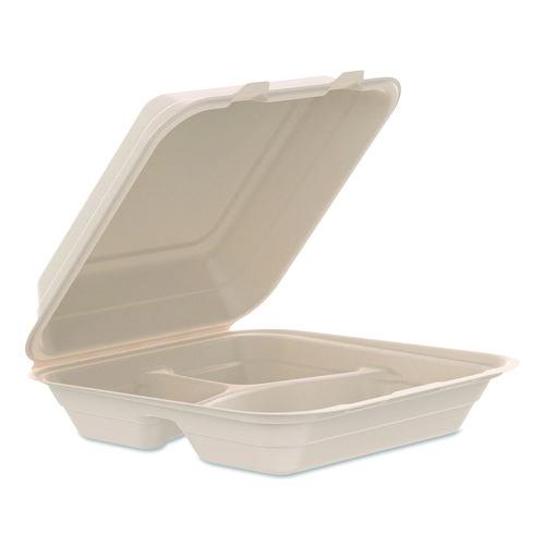 Picture of Compostable Molded Fiber Hinged Trays, ProPlanet Seal, 3 Compartments, 9.14 x 9 x 2.98, Natural, 200/Carton