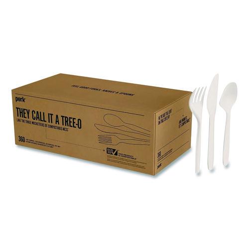 Picture of Eco-ID Mediumweight Compostable Cutlery, Fork/Knife/Spoon, Plastic, White, 120/Pack